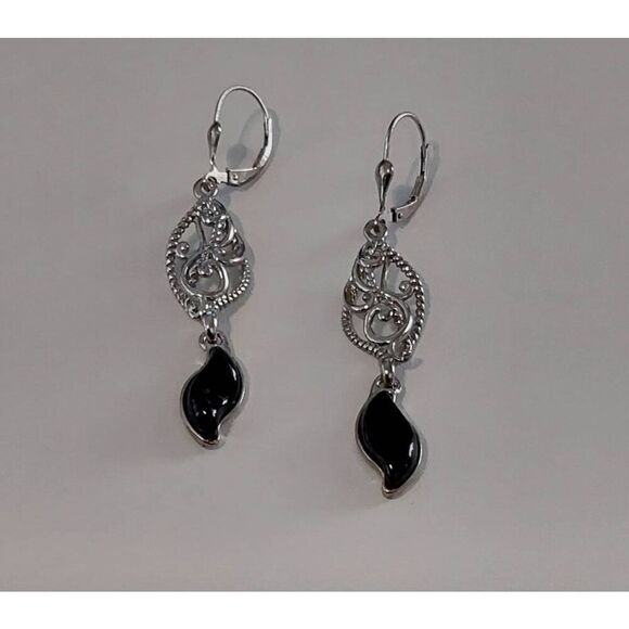 New~American West Jewelry Black Agate Gems Dangle Earrings~925 Sterling Silver - Picture 1 of 2